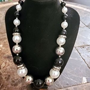 Black Silver Pearl White Graduated Balls with silver disc's necklace